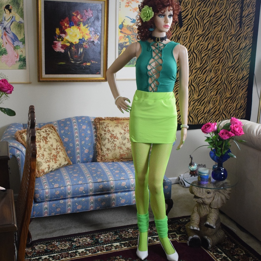 COMEBO, Green Skirt with Fishnet Hose and...